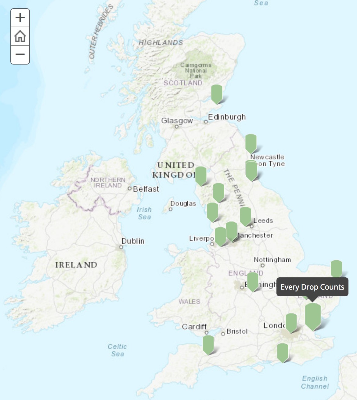 A map of the UK has green pins pointing at locations where public engagement projects relating to the water sector are taking place across the country.